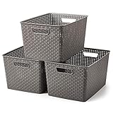 EZOWARE 3er Set Aufbewahrungskiste aus Kunststoff in Rattan-Optik mit Griffen, 20L Aufbewahrungskörbe Organizer Korb - Grau