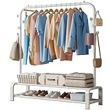 SMILOVII Kleiderständer, Garderobenständer Stabil Kleiderstange mit 6 Haken und 2 Schuhregal Ablage Regal, Schlafzimmer Kleiderständer Freistehender Kleiderbügel, Weiß
