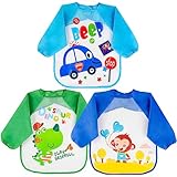 Vicloon Wasserdicht Babylätzchen, 3pcs Baby Lätzchen mit Lange Ärmeln,Ärmellätzchen ärmel lätzchen Unisex Lätzchen Set für Essen Kunst Handwerk Malerei Bemalen Spielen (Grün-Blau)