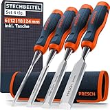 Presch Stechbeitel Set für Holz 4tlg. inkl. Tasche - Fertig geschliffene Stemmeisen (6, 12, 18, 24mm) - Profi Stecheisen mit 25° Keilwinkel mit robuster Metallschlagkappe
