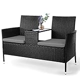 Balkonmöbel Set, Polyrattan Gartenbank, 2-Sitzer Gartenmöbel Set mit Tisch & Kissen, Rattan Material Balkonmöbel Wetterfest, Bequem und Atmungsaktiv, Schwarz, Groß Gartenbank(130,4X56X82,5cm)