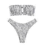 ZAFUL Damen Bikini Set, schulterfrei Bandeau mit Kordelzug & Rüschen High Cut Bademode mit Tierdruck (Speck, M)