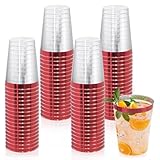 mauepersu 50 Stück Plastikbecher mit Golden, 280ml Becher aus Kunststoff Wiederverwendbare Trinkbecher Elegante Party Weingläser für Champagner Bier Cocktail Martini Soda Dessert (Rot)