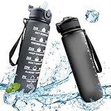 flowgoer Sport-Wasserflasche 1L Tritan BPA-frei | Auslaufsicher mit Strohhalm & Zeitmarkierung | Trageriemen, Fitnessstudio & Outdoor (Schwarz)