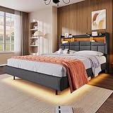 Gegtuon Doppelbett Polsterbett 140x200 mit LED-Licht & USB-typ-c, Bett Stauraumbett mit Stauraum Kopfteil, Jugendbett Flachbett Gästebett Bettgestell mit Holz Lattenrost, ohne Matratze, Leinen (Grau)