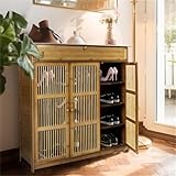 unho Schuhschrank Schuhregal mit 4 Ablagen, 1 Schublade und 3 Türen, Schuhablage für Flur Diele, Schuhkommode für High Heels, Sportschuhe, 93 x 32 x 98 cm