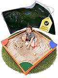 FRIEDO – Sandkasten mit Abdeckung 120x120 cm - Sandbox inkl. Bodenvlies zum Schutz vor Unkraut und Ungeziefer - Buddelkasten mit farbigen Ecken für den Garten - Sandkiste aus Holz mit Abdeckplane