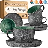 Cosumy Espressotassen mit Untertassen 4er Set - 90 ml Keramik, 𝗗𝗶𝗰𝗸𝘄𝗮𝗻𝗱𝗶𝗴𝗲𝘀 Steingut mit Handgefertigter Reaktiver Glasur in Grün - Hält Lange Warm