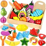 SaiXuan Kinder Holzspielzeug Küche – Schneideset mit Obst und Gemüse zum Zerschneiden, inkl. Schäler/Holzmesser/Schneidebrett, Lernspielzeug für Rollenspiele, Küchenzubehör Kinder ab 3 Jahren
