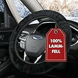 WALSER Lammfell Lenkradbezug, 100% Lammfell Lenkradschutz, Lenkrad Bezug Fell, Auto Winter Zubehör, Lenkrad Wärmer Schwarz