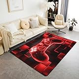 Spielkonsole für Kinder, Teppich für Wohnzimmer, 150 x 200, Spiele, Fußball, Videospiele, Wohnzimmer, Spielteppich, Neonlicht, quadratisch, geometrisches Gitter, rot, rutschfest, waschbar, Teppich für