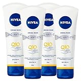 Nivea Handcreme 3in1 Anti-Alter Q10 & UV-Filter Anti-Falten, Feuchtigkeitsspendende Lotion verhindert Flecken und Erweichen der Nagelhaut - 4 Flaschen à 100 ml