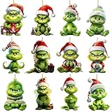 Grinch Weihnachtsdeko Anhänger – 12-teiliges Set | Hochwertige 2D-Acrylanhänger mit niedlichen Designs | Perfekt für Weihnachtsbaum, Fenster & Zuhause | Festliche Dekoration