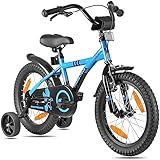 PROMETHEUS BICYCLES Kinderfahrrad 16 Zoll ab 5 Jahren - Kinder Fahrrad Mädchen Jungen Fahrrad Kinder mit Stützräder Rücktrittbremse in Blau Schwarz
