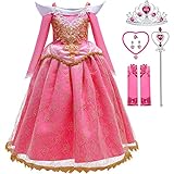 Snyemio Dornröschen Kostüm Kinder Mädchen Prinzessin Aurora Rosa Kleid Karneval Verkleidung Fasching Geburtstag Halloween, Rosa, 146-152(Etikett 150)