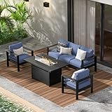 Wisteria Lane Aluminium-Terrassenmöbel-Set, 4-teilig, Metall-Gartenmöbel-Set mit CSA-zertifiziertem 137,2 cm Propangas-Feuerstelle, Terrassen-Gesprächsset mit 12,7 cm Olefin-Abdeckkissen, Blau