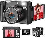 4K Digitalkamera - 64MP Autofokus Vlogging Kamera, One-Touch Makro & 18X Digitalzoom, 2.8“ 180° Flip Screen Kompaktkameras für Anfänger & Erwachsene, inkl. 32GB SD Karte & 2 Batterien