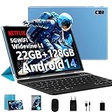 2025 Neueste Tablet 10 Zoll Android 14 tablet,22GB RAM+128GB ROM/1TB TF, Octa-Core, 2.0GHz,5G+2.4G WiFi, BT 5.0, 8000mAh, Widevine L1,8+5MP, AGPS, 2 in 1 Tablet PC Mit Tastatur und Maus - Blau