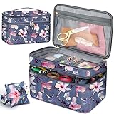 FINPAC Nähzubehör Organizer Tasche, Doppel-Schicht Aufbewahrungstasche mit Nadelkissen für Fäden, Nadeln, Stickgarnzubehör, Filzsets, Tasche für Nähset, Nähzeug Tragetasche, Hibiskus
