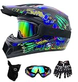 DriveNova Motocross Fullface MTB Helm, Downhill Motorradhelm Kinder, Helm Set Herren ATV Motorradhelm mit Handschuhe Maske Brille, Jugend Motorradhelme Inklusive S-M Größen Helmfutter