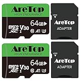Aretop Micro SD Karte 64GB 2er Pack,Speicherkarte Micro SD+2 Adapter,UHS-I,U3,C10,A1,V30,4K UHD Full HD-Videoaufnahme Micro SD Memory Karte für Kamera/Smartphone/Drohne/Dash Cam,Bis zu 90 MB/s