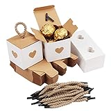 Belle Vous 50 Stk Kleine Geschenkboxen Weiß & Braun mit Herz - 5,5 x 5,5 x 5,5cm Geschenk Schachtel Box aus Karton Kraftpapier Pappschachteln für Süßwaren, Gastgeschenke, Hochzeit, Party, Geburtstag