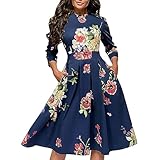HOOUDO Sonderangebote Schnäppchen Winter Damen A-Linien-Kleid, Party-Vintage-Kleid mit kleinen Blumenmustern, Sieben-Punkt-Ärmeln und Rundhalsausschnitt Festliche Kleider Sale Angebote Bestellung