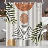 Lerores Duschvorhang 180x200cm Blätter Linie, Beschwerter Saum Antischimmel Textil, Wasserabweisend, Waschbar Polyester Stoff Badevorhänge mit 12 Ösen und Duschvorhangringe für Badezimmer, Badewanne