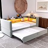 Polsterbett Tagesbett Gästebett 90x190, Schlafsofa Multifunktionsbett mit Ausziehbett&LED&USB&Staufach, Einzelbett Doppelbett Daybett Bettgestell mit Lattenrost, Flannelette, Ohne Matratze, Hellgrau