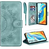 ivencase Lederhülle für Huawei P30 Lite Flip Hülle und Schutzfolie, Premium Klappbar Handyhülle Flip Wallet, [Kartenfach] [PU Leder] [Ständer] Schutzhülle Kompatibel mit Huawei P30 Lite, Grün