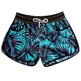 LYRIKER Badeshorts Damen Swim Bade Shorts Badehose High Waist Schwimmhose mit Taschen Dunkelblau Blätter L