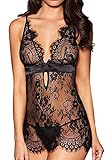 Tuopuda Negligee Damen Dessous Babydoll Nachtwäsche Kleid V-Ausschnitt Nachthemd Spitze Nachtkleid Set Reizwäsche Morgenmantel Kurz Robe mit G-String, Schwarz, L-XL