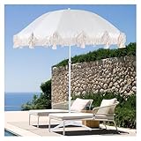 XUQQU 2.20m/7.21ft Kippbarer Sonnenschirm, Weißer Quasten-Gartenschirm, Terrassenschirm Im Freien Marktschirm Mit Neigefunktion, Sonnenschutz, Ohne Sockel