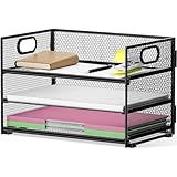 3-Stufiger Schreibtisch Organizer mit Griff, Metall Gitter Design Stapelbar Schreibtischablage, 3 Layer Ablagefächer Büro Papierablage für Ablage A4 Dateien, Bücher, Akten, Zeitungen & Dokumenten