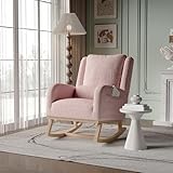 BHFFTHK Schaukelstuhl,Stillsessel Schaukelsessel mit Lendenkissen,Teddy Velvet Gepolsterter Sessel mit Holzbeinen & Seitentaschen, Schwingsessel für Wohnzimmer Schlafzimmer Balkon (Rosa-C)