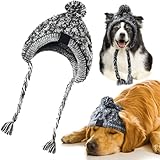 Haustier Pompom Strickmütze, FainFun Gestrickte Warm Winddicht Hundemütze, Winddichte Haustier Kopfbedeckung für Winter, Graue Gestrickte Hund Kappen, Flauschige Warme Hundehut mit Langem Zopf, L