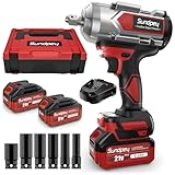 Sundpey 1200Nm Akku Schlagschrauber 8000mAh - 1/2 Bürstenloser Schlagschrauber Akku mit 2 * 4.0Ah Li-Ion Akkus, 6 Stecknüsse, 21V 2600RPM Impact Wrench für Auto und Hausgebrauch