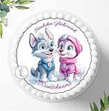 Tortenaufleger Tortenbild Paw Patrol Motiv für Jungen u. Mädchen zum Geburtstag, Personalisiert mit oder ohne Wunschname, Essbares Foto für Torten, Deko aus Fondant, Ø 20cm - 2230z