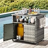 UNIONLINE Gartenschrank Rattan, Aufbewahrungsschrank Grillwagen mit Rädern für den Außenbereich, Rattan-Bartisch für die Terrasse, Servierwagen Beistellschrank für Buffets im Garten, Partys