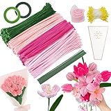 YSUVIN Pfeifenputzer Zum Basteln, 400 StüCk Pfeifenreiniger Blumen Set, 4 Farben Rosa Grün Pfeifenreiniger Zum Basteln mit Blumendraht, Blumen Staubblatt, Blumentasche für Blumenstrauß DIY Dekor