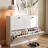 VOWNER Schuhschrank mit 4 Klappen, Schuhschrank Schmal Schuhregal, mit 8 Fächern, Schuhablage Verstellbar, 105 x 24 x 80 cm, Anti-Kipp-Vorrichtung für Eingangsbereich, Flur, (Weiss)