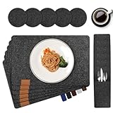 teeppo Platzsets Abwaschbar, Platzsets Filz 18er Set,Tischsets Platzsets Abwaschbar, Temperaturbeständige rutschfest Platzdeckchen mit Geschirrtasche, Untersetzer-Set für Esszimmer - Schwarz