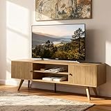 TV Schrank Holz 140cm lang – Lowboard Stehend mit 2 Staufächern & 2 Offenen Regalen, TV Sideboard Wohnzimmer für 60 Zoll Fernseher, Fernsehtisch Holz aus P2-Platte 15cm, Moderner & Landhausstil,eiche