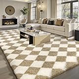 Sour Lemon Kariert Hochflor Teppich, Teppiche Wohnzimmer, Anti-Rutsch Waschbar Extra Große Teppich Flauschig, Langflor Teppiche Schlafzimmer Kinderzimmer, Farbe: Beige und Weiß, Größe: 140x200 cm