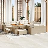 ZQQLVOO Beiges Garten Sofa Set aus Poly Rattan mit cremefarbenen Kissen, 5-Sitzer Outdoor Möbelgruppe für Terrasse und Garten, wetterfest und UV-beständig mit Stauraum