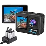 Xilecam Dual Screen Action Cam 1080P /WiFi wasserdichte Kamera, 4 x Zoom, 131 Fuß (40 m), wasserdichte Unterwasserkamera mit 2 x 1050 mAh Akku und Multifunktionalem Zubehör(L300)