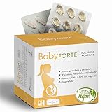 BabyFORTE® Folsäure + Omega-3 Algenöl | vegan | Trimesterbox 180 Kapseln | 18 Schwangerschaftsvitamine | Quatrefolic®, Magnesium, Jod, DHA EPA Schwangerschaft | Stillzeit