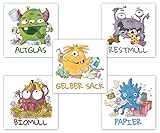Lustige Mülltonnenaufkleber Monster, 10er Set Aufkleber Mülltrennung, Mülltonen Aufkleber Abfalltrennung auch für Kinder nach Biomüll, Altpapier, Gelber Sack, Rest Müll & Glas, Müllaufkleber