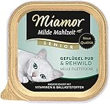 MIAMOR - Milde Mahlzeit Senior | Nassfutter für ältere Katzen mit Filetstückchen vom Geflügel. Leicht verdauliches Ergänzungsfutter im Schälchen ohne Zusatzstoffe | 16x100g Geflügel Pur & Rehwild