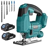 Yofuly Akku-Stichsäge für Makita 18V Akku, Stichsäge mit 2 * 2,0Ah Akku Variable Geschwindigkeit, Gehrungswinkel (0°-45°), 3-Positionen-Exzenterstichsäge zum Schneiden von Holz, PVC und Metall
